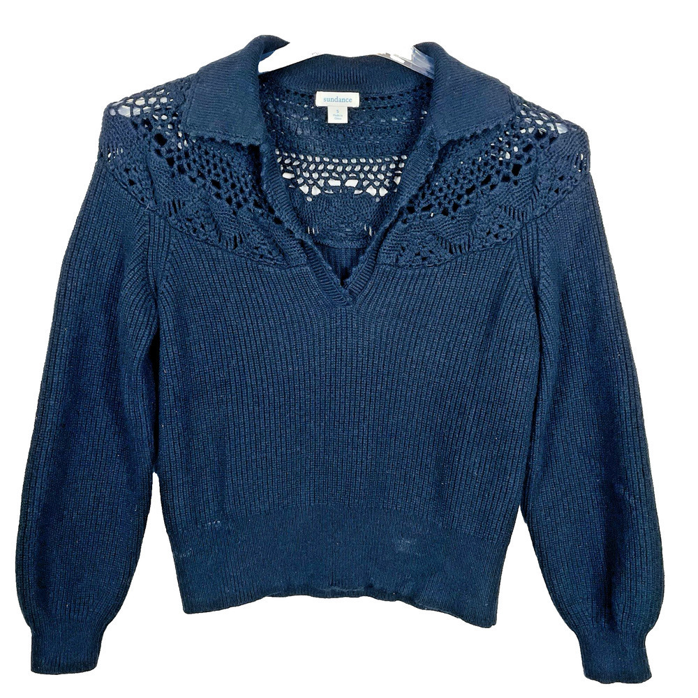 Sundance Sweater Size S Black Wool Blend Pullover Crochet Yoke Boho Art to Wear